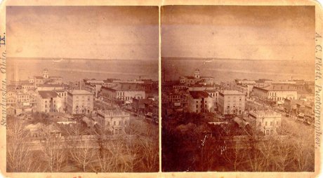 Stereo card of the Cooke House in its original location at West Washington Row and Columbus Avenue in Sandusky, Ohio (If you gaze past the screen, you may be able to see the image in 3D! )
